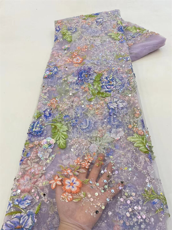 Tela de encaje de lentejuelas africanas, tejido de tul de alta calidad con cuentas de Red Nigeriana francesa para coser vestido de novia, 2024