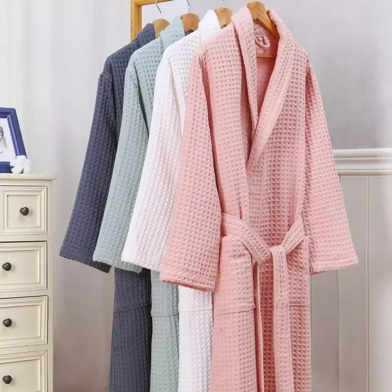 Robe d'hôtel gaufrée à 2 couches pour hommes et femmes, peignoir kimono 100% coton, peignoir de bain serviette, robes inconnu d'eau, vêtements de nuit longs en span