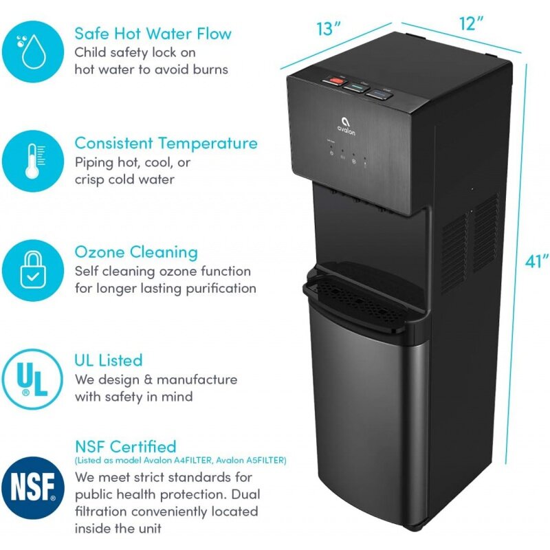 Avalon-dispensador de agua sin botella a5blk de autolimpieza, filtro certificado UL NSF, acero inoxidable negro, tamaño completo