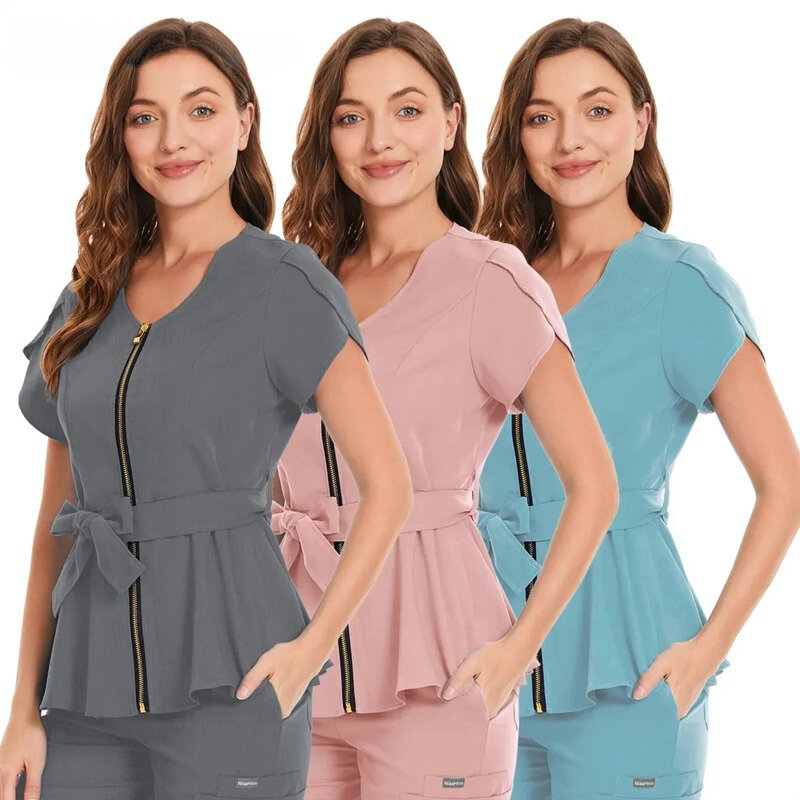 Short Sleeve Beauty Salon Workwear Temperament Women's Top Nursing Blouse Sexy Zip Scrub Tops Nursing Uniform T-shirt 2 Pockets