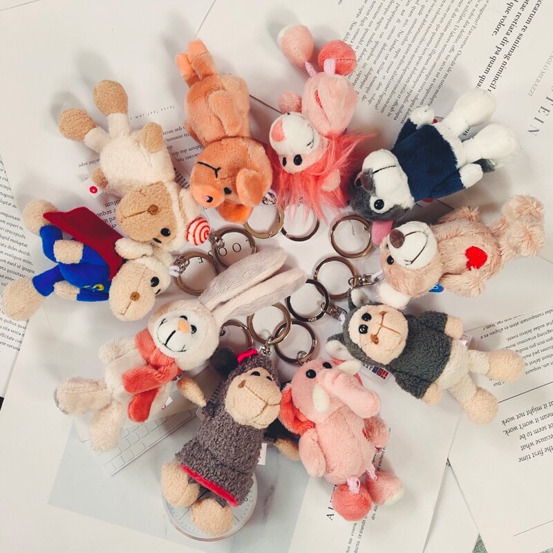 Kawaii Animal Plush Keychains Dolls Car Accessories Cute Sheep Wolf Bear Puppy Rabbit Plushies Pendant For Women School Backpack