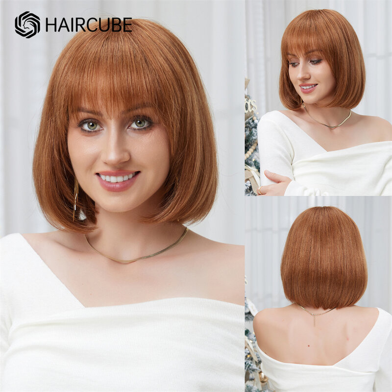 HAIRCUBE-Peluca de cabello humano con flequillo, postizo corto y liso, color cobre y jengibre, resistente al calor