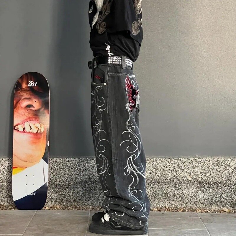 Jeans largos pretos vintage para homens e mulheres, calças de rua padrão Harajuku, hip hop, novo estilo, cintura alta, perna larga, Y2K
