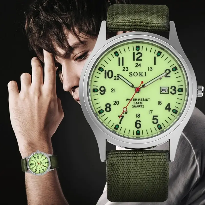 SOKI 남성용 야광 손목시계, 럭셔리 밀리터리 스포츠 날짜 쿼츠 손목시계, 캐주얼 나일론 시계