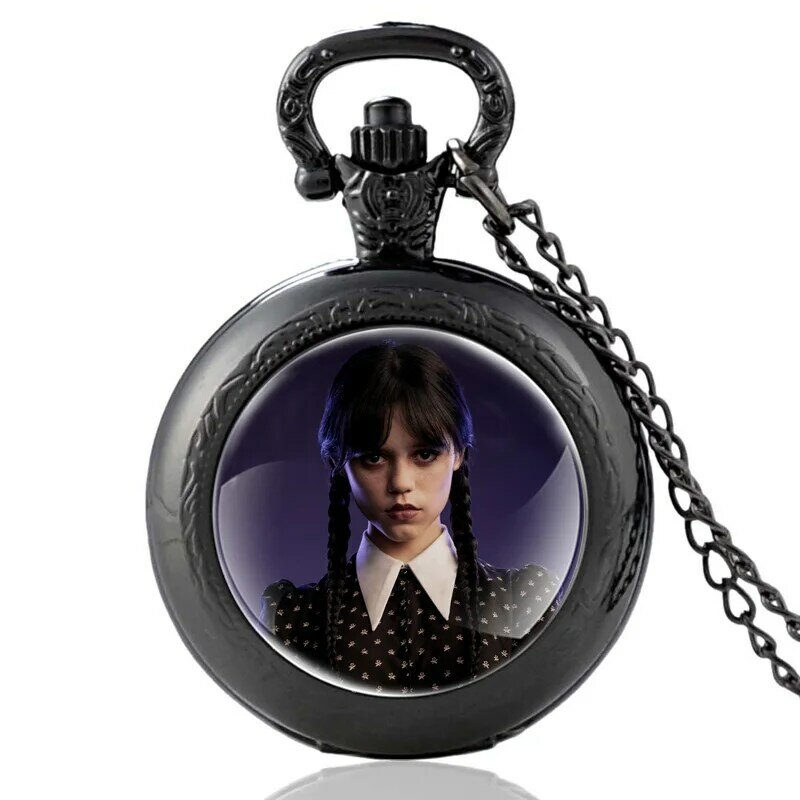 Czarny Wednesday Addams szkło Cabochon kieszonkowy zegarek kwarcowy Vintage mężczyźni naszyjnik damski z wisiorkiem zegarki prezenty