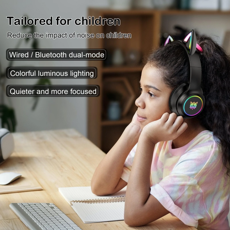 ONIKUMA-B90 Bluetooth-Compatível Gaming Headset com RGB Cat Ear, fones de ouvido sem fio dobráveis, HD Mic para computador, PC Gamer
