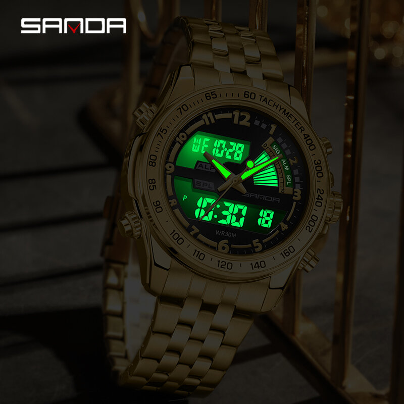 Sanda นาฬิกาควอทซ์สำหรับผู้ชายนาฬิกาข้อมือดิจิตอล LED สแตนเลสหน้าจอแสดงผลคู่แข็งแรงกันน้ำ