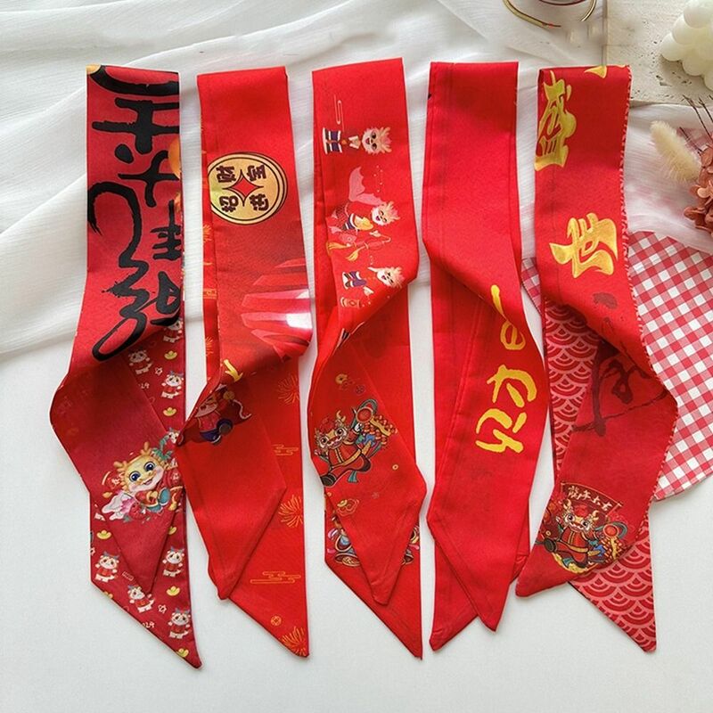 Printed New Year Red Silk Scarf Hair Tie New Year Scarves Long Scarf Scarf Accessories Dragon Pattern Scarf Hair Band Female