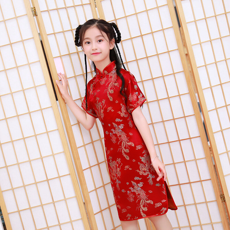 Crianças de verão cheongsam dragão phoenix bordado qipao princesa vestido estilo chinês vestidos ano novo qipao presente tang roupas