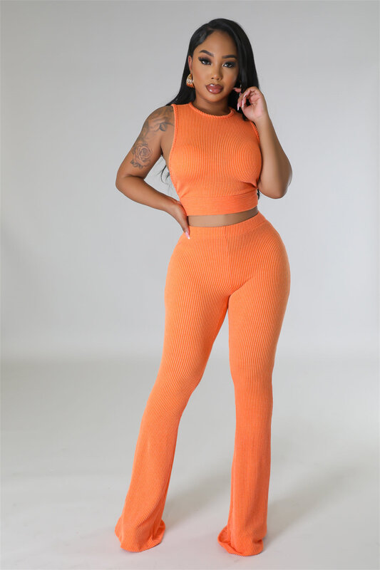 New Fashion Women's Two-Piece Sleeveless Crew Neck Top And Slim-Fit Micro-Cropped Pants Suit Solid Color Ladies 2-Piece Set