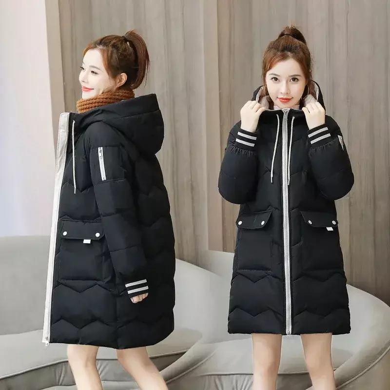 Women Winter Coat Mid-length Cotton Padded Parkas Hooded Warm Thicken Casual Overcoat Loose Snow Wear Solid Outwear Jacket 4XL