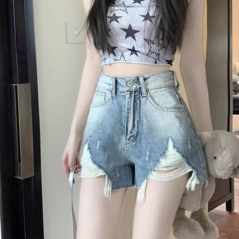 Porwane jeansy kobiety amerykański Retro szorty z frędzlami wybielone gorące słodkie dziewczyny lato nowy wysoki stan chudy zaprojektowany odzież uliczna szykowny