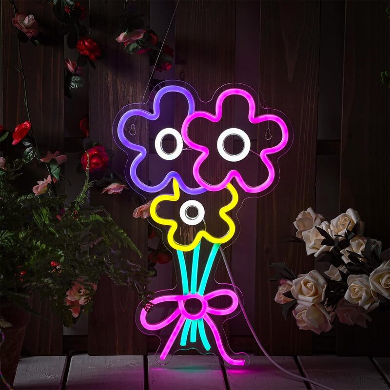 Flower LED Neon Sign USB Neon Light Wall Art Signs for Home Bedroom Girl Kid Room Party Game Room Spring Gift Lamp Decor
