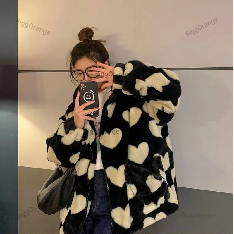 Kawaii-하트 모양 플러시 코트 긴 소매 후드 코트 여성용, 두꺼운 따뜻한 커플 스트리트 한국 레트로 코트 탑스