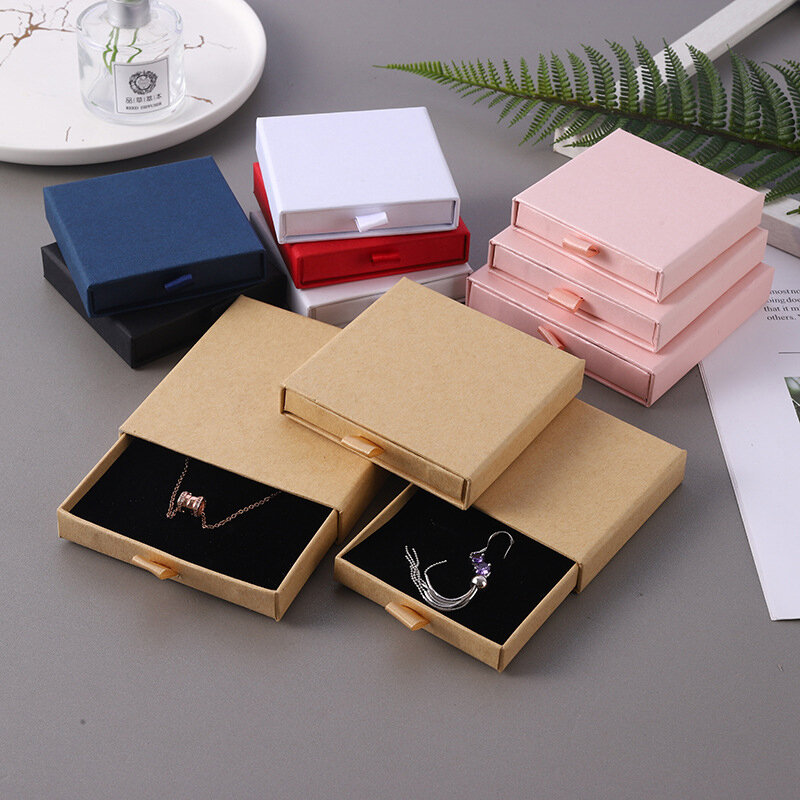 Cajón de papel Kraft fino, caja de embalaje de joyería, tarjeta de felicitación, collar, pulsera, paquete de regalo, 4 colores, 1 unidad