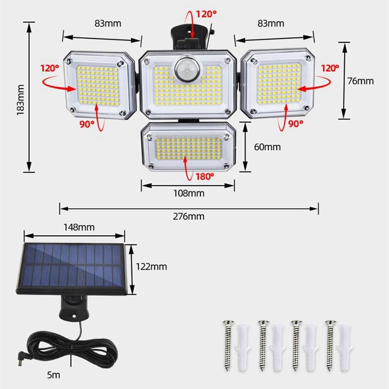 1 pieza de luces solares LED ajustables de 4 cabezas lámparas de inundación para jardín, patio, luz de calle