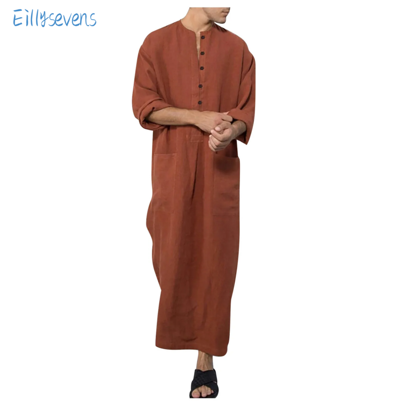 Men'S Saudi Arabic Clothing Casual Button-Down Round Neck Long Sleeve Robe Ramadan Muslim Dress Middle  Islamic Clothing