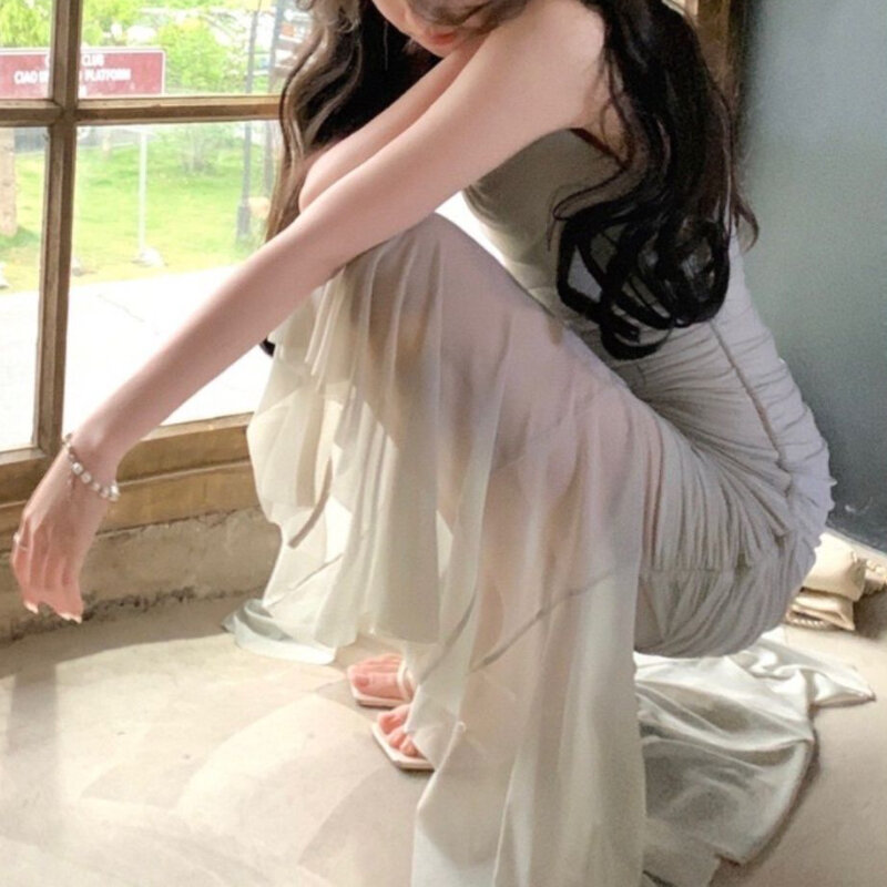 Houzhou elegante Party Chiffon Kleider Frauen Fairycore koreanische ein Stück lange ärmellose Spitze Midi Kleid Bodycone sexy Geburtstag