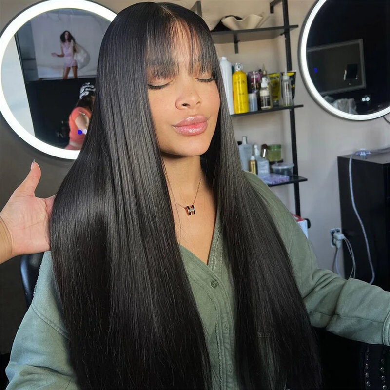 Wear And Go 100% Human Hair 3X1 Middle Part Lace Wig Straight Human Hair Wig With Bangs  Wear And Go 100% Human Hair  Brazilian