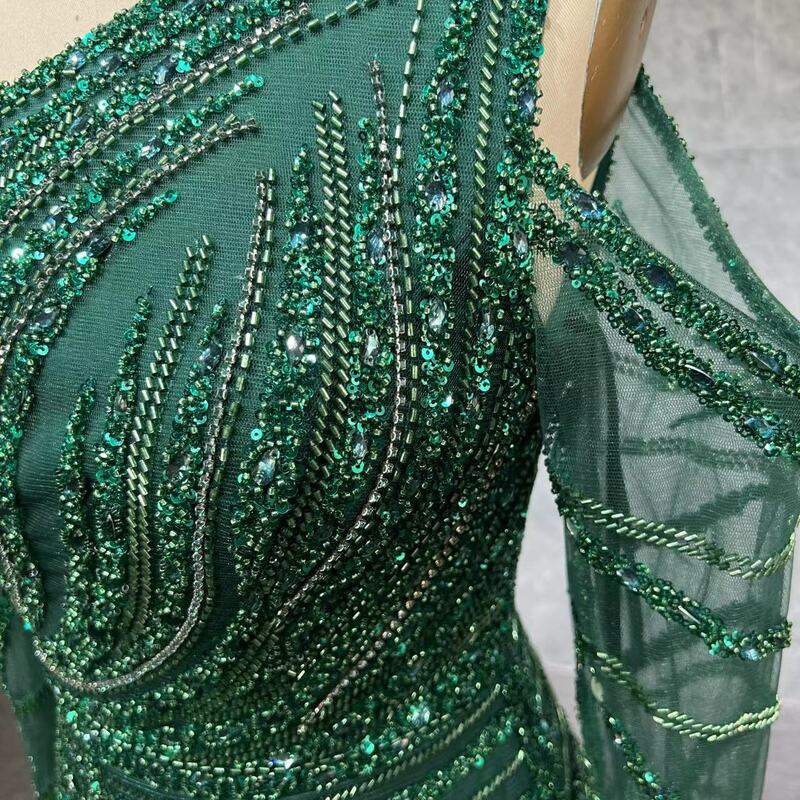 Изумрудно-зеленое вечернее платье с одним открытым плечом и юбкой-годе с длинными рукавами Роскошные свадебные платья Дубая 2024