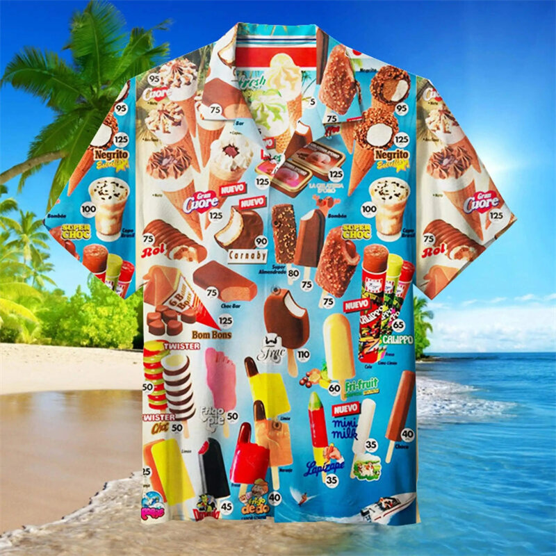 여름 아이스크림 남성 휴일 라펠 카미사 오버사이즈 하와이안 셔츠, 3D 프린트 패션, 남녀공용 해변 재미있는 블라우스 상의 의류