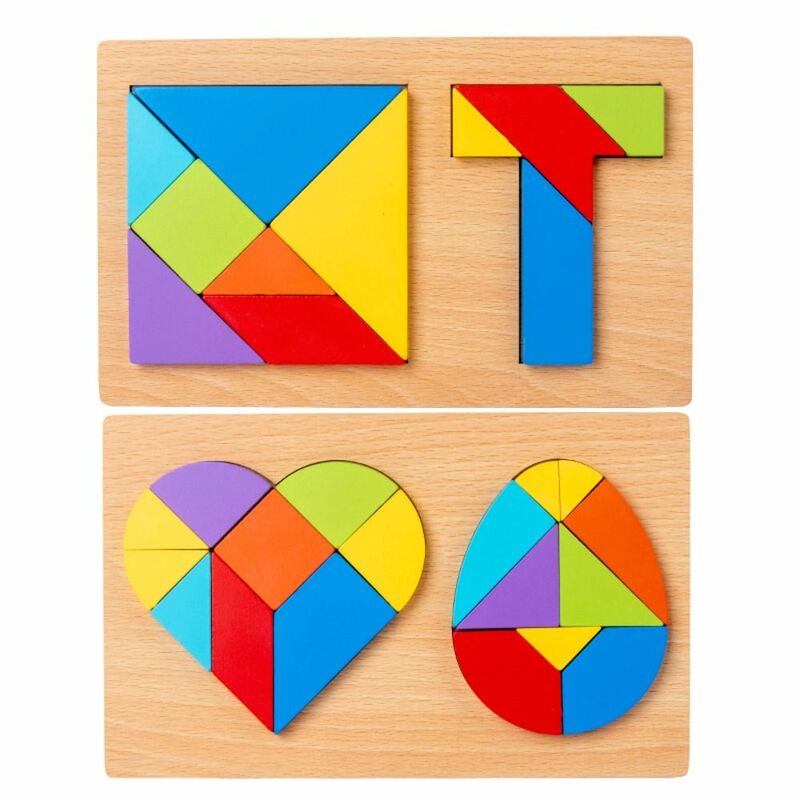 3D Wooden Puzzles Heart Egg Tangram Geometric Shape Kids Cognitive DIY Jigsaw Early Learning Homeschool Supplies Educational