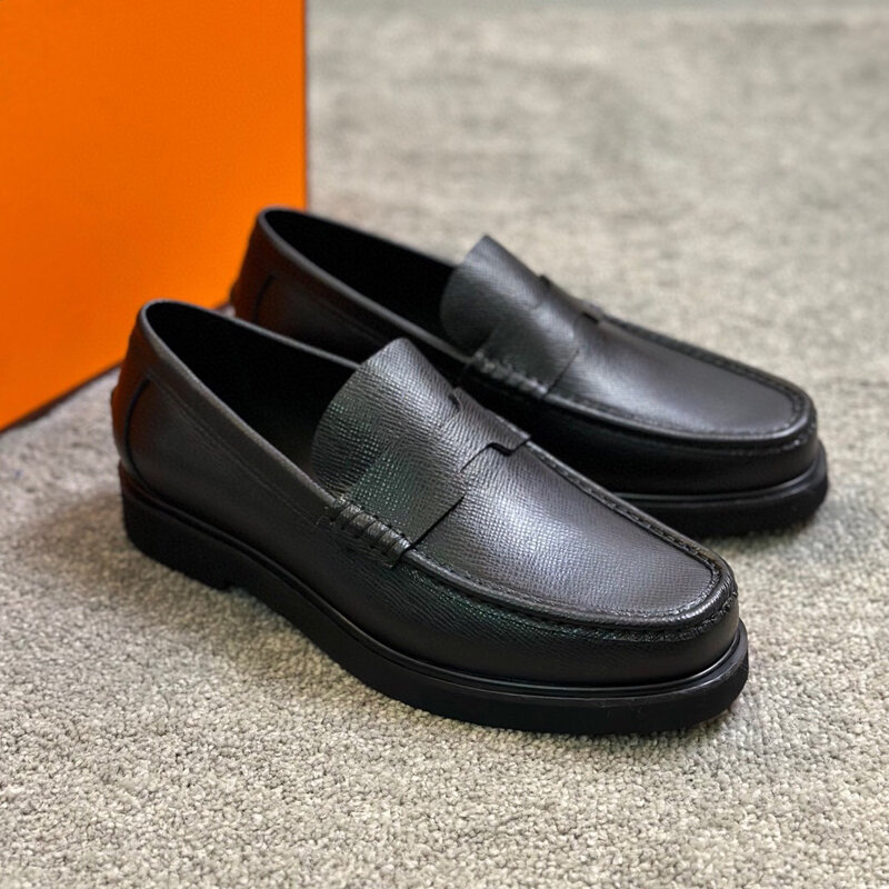 THIGWJH Black Epsom Leather Loafers Luxury Designer Classic minimalist style Daily casual business men's shoes