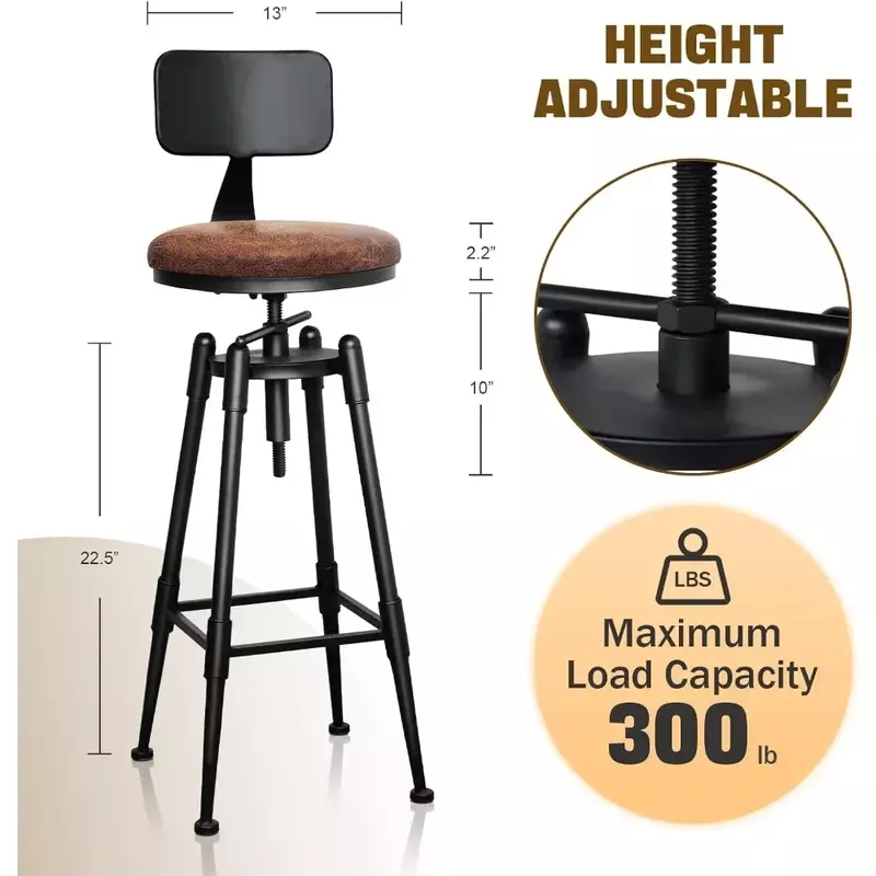 Bar Stools Set of 2, Adjustable Vintage Bars Stoolses Round Leather Metal Stools Counter with Backs, Bar Chair