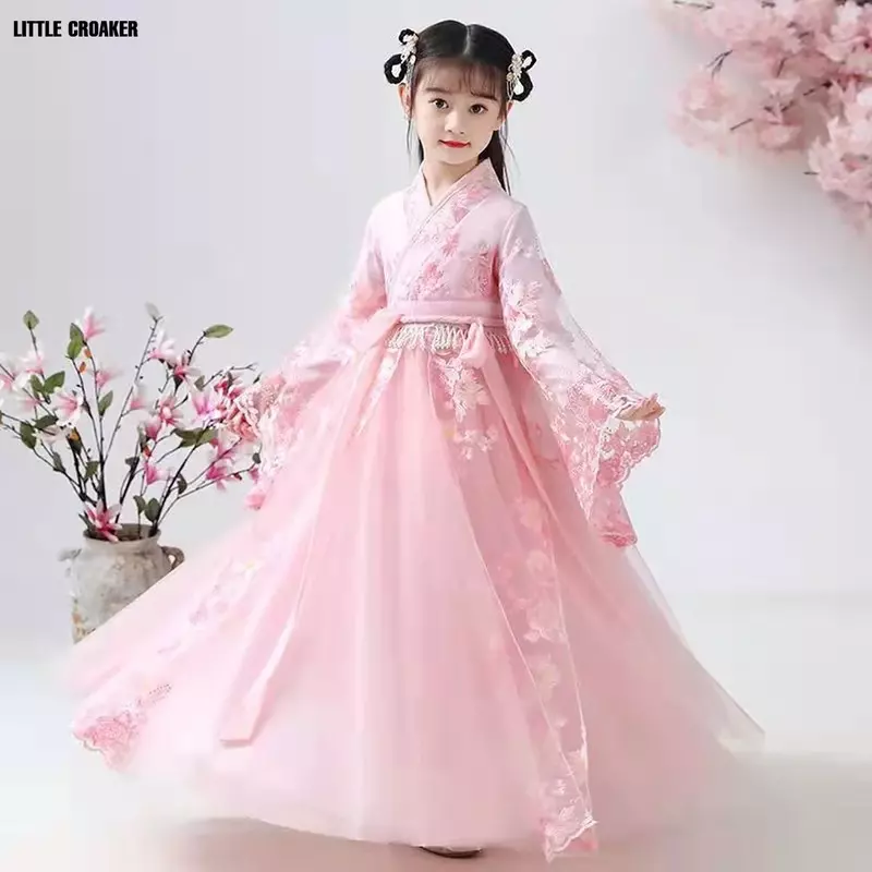 Robe de danse folklorique traditionnelle chinoise pour filles, costume de danse rose nickel é, ensemble de robes de princesse pour filles, vêtements de cosplay de fête pour enfants, Hanfu
