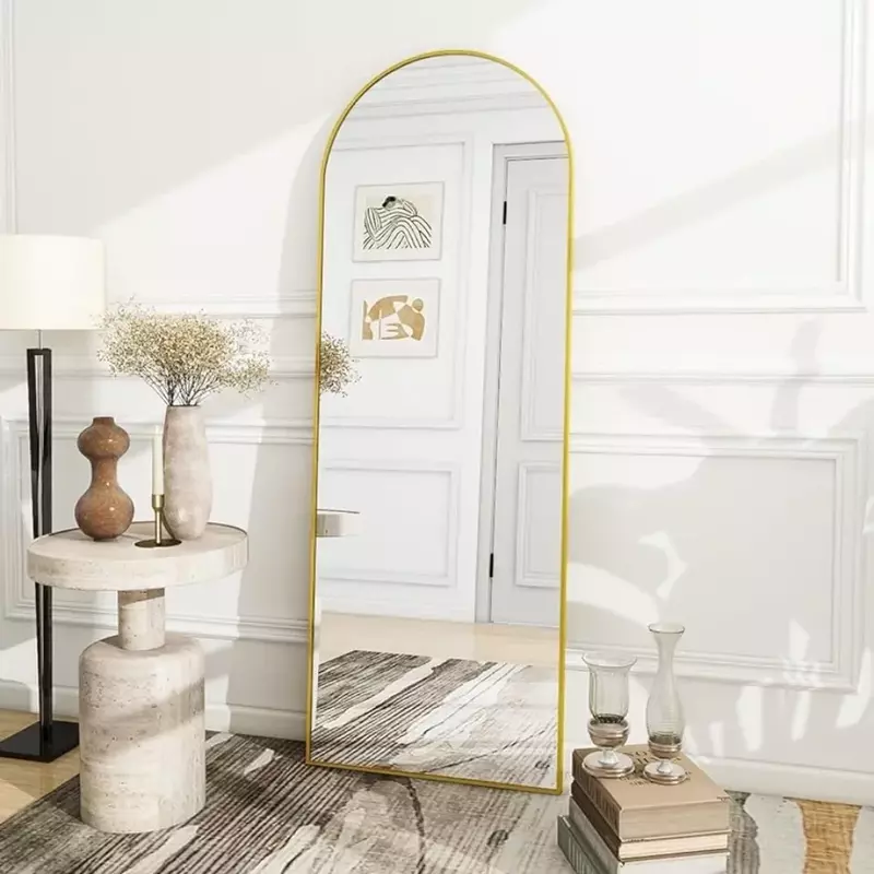 Arch Mirror Full Length Floor Mirrors with Stand, Alloy Full Body,Hanging Leaning Against Wall for Bedroom and Living Room,Gold