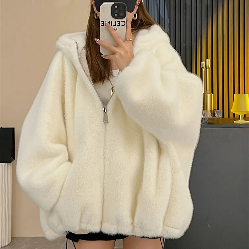 Gidyq Women Rabbit Fur Coats Korean Winter Fashion Streetwear Plush Hooded Jacket Female Thick Warm Party Loose Overcoat New
