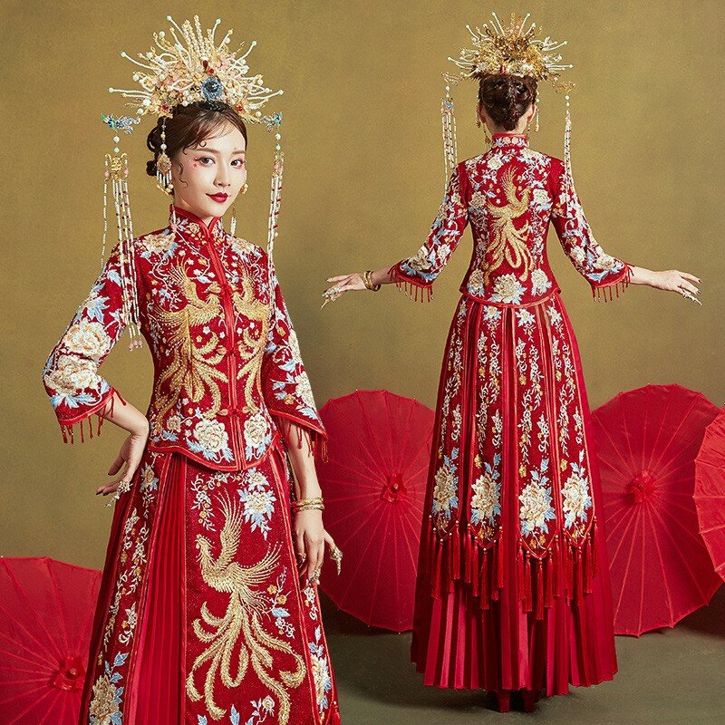 Nuovo abito drago e fenice gonna a pieghe in stile cinese plus Size Suit