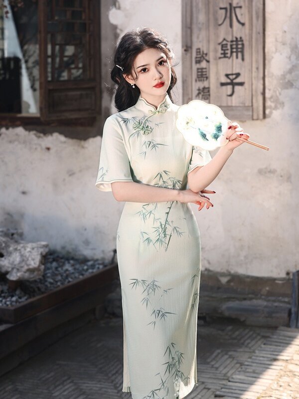 Qipao de encaje para mujer, vestido de fiesta de manga corta, estilo chino, Vintage