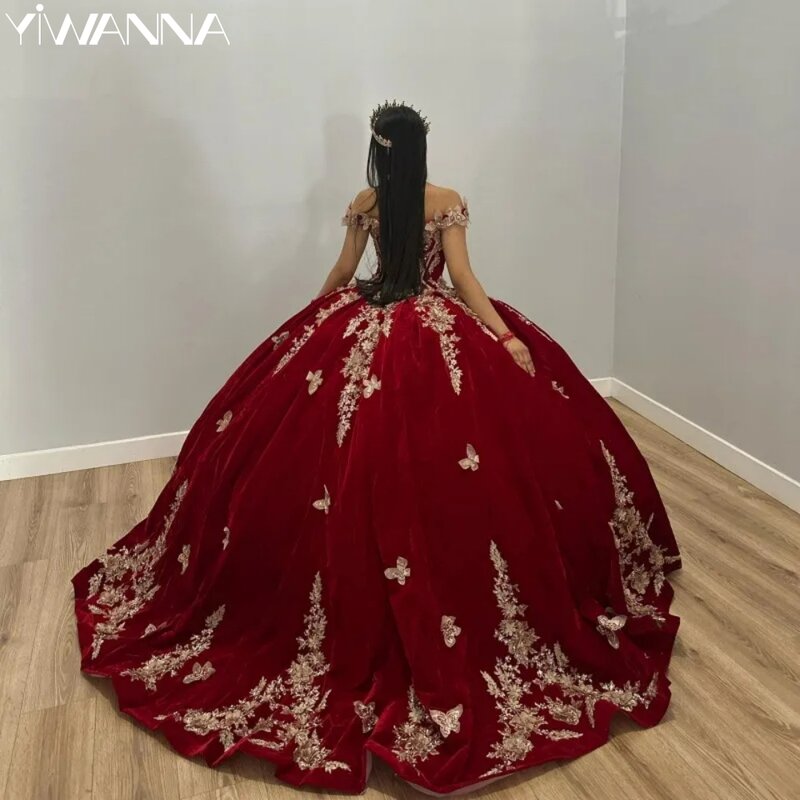 Romantic Sweetheart Neck Quinceanera Dresses Sparkly 3D Flower Ball Gown Burgundy Sweet 16 Year Princess Dress vestidos de anos