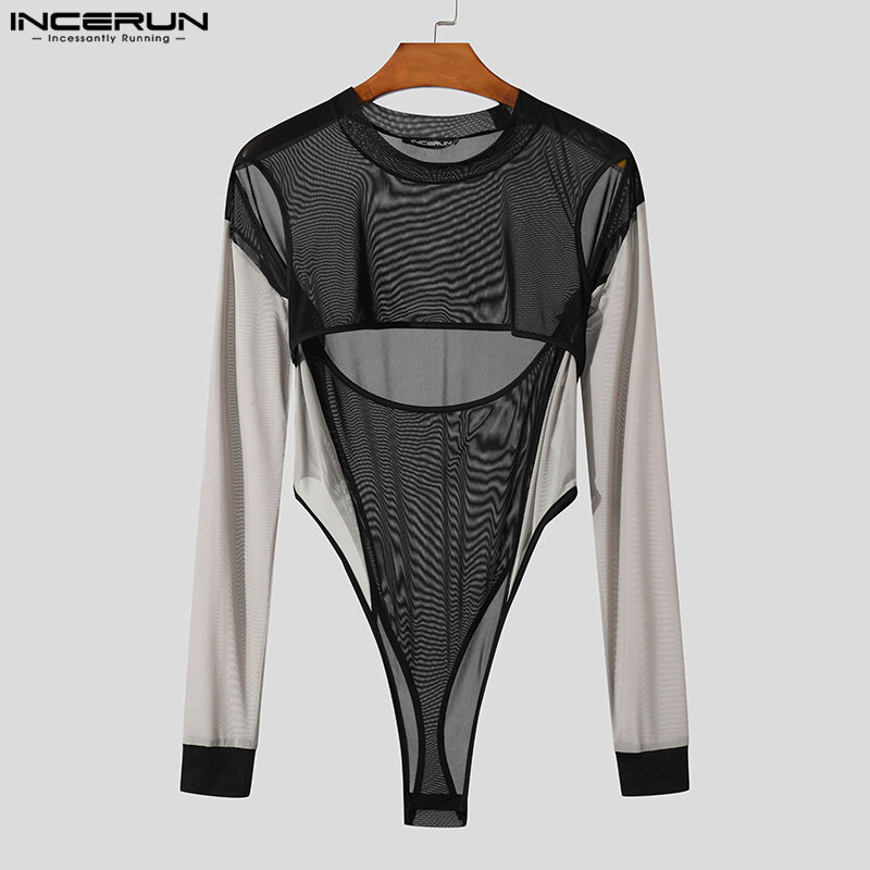 INCERUN Men's Bodysuits Mesh Patchwork Sexy Hollow Out Transparent Rompers Streetwear 2023 Fitness Fashion Male Bodysuit S-5XL