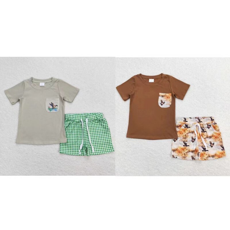 Sprzedaż hurtowa Baby Boy Summer zestaw dzieci krótkie rękawy kaczka koszulka bawełniana koszulka niemowlę kieszonkowy szorty w kratę dziecięcy strój dziecięcy
