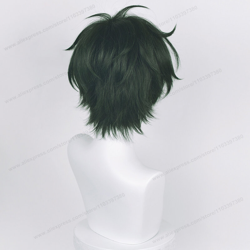 Anime ES-Perruque de Cosplay Vert Foncé, Cheveux Synthétiques, Bonnet de Perruque, Degré de Chaleur, 30cm