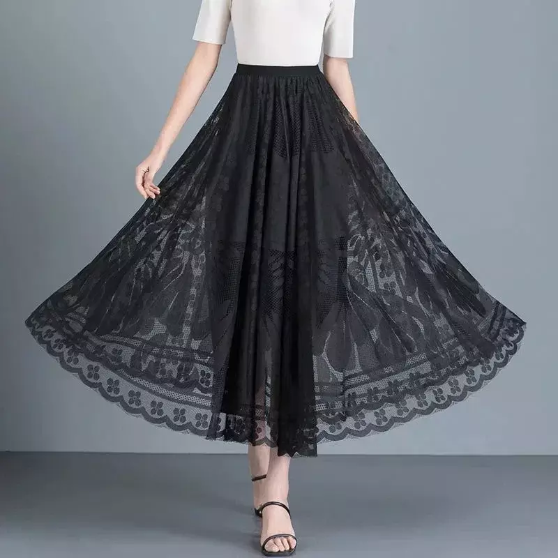 Женская сетчатая юбка с цветочным принтом, кружевная юбка трапециевидной формы с высокой эластичной талией, Осень-зима 2024