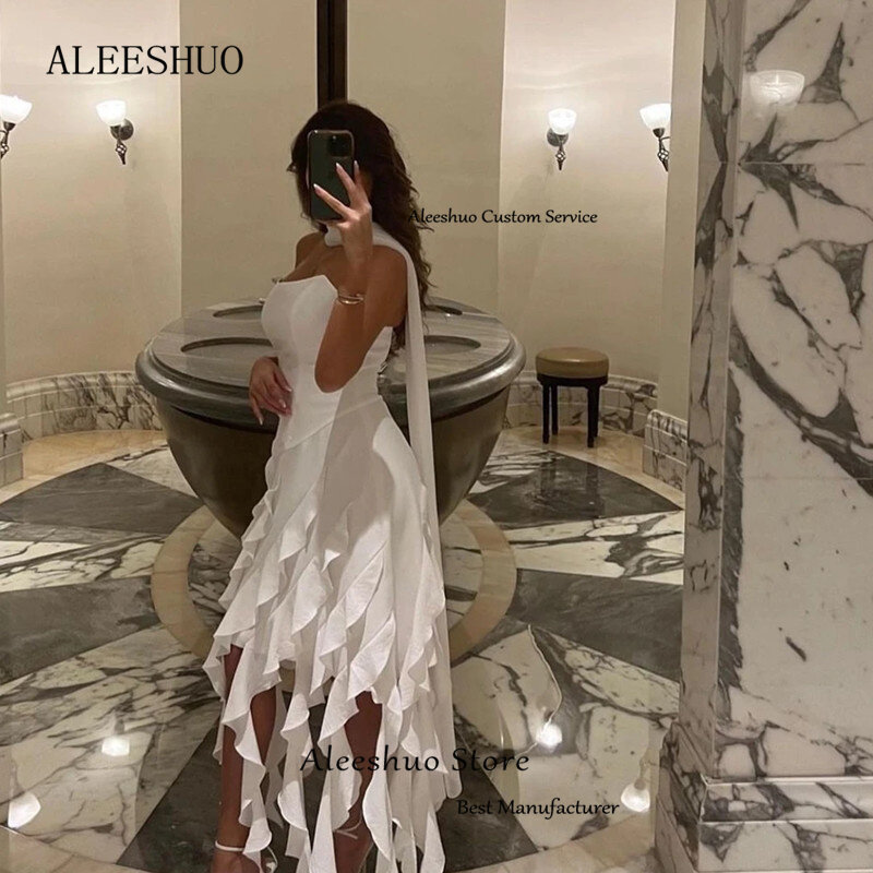 Aleeshuo nowoczesna biała prosta sukienka na studniówkę satynowa bez ramiączek prosta suknia wieczorowa bez rękawów bez pleców do kolan. فساتين مناسبة رسم