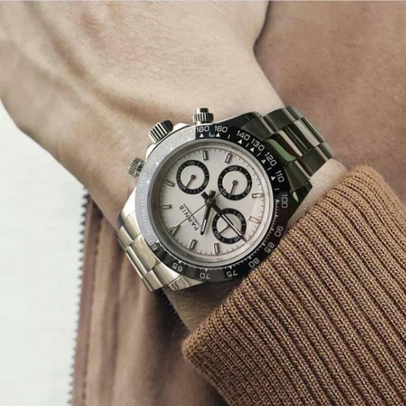 Parnis – montre de luxe à Quartz pour hommes, 39mm, verre saphir lumineux, lunette noire, chronographe complet
