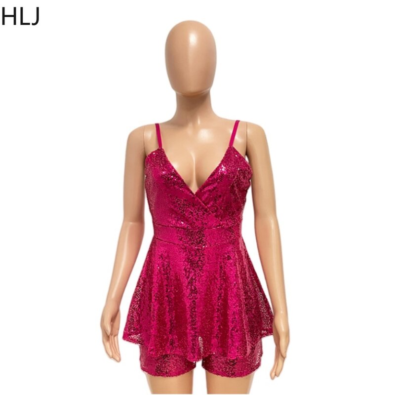 HLJ Summer New Sequin V Neck Suspenders Rompers Women Thin Strap Sleeveless Backless Stacked Jumpsuit Fashion Party Club Overall