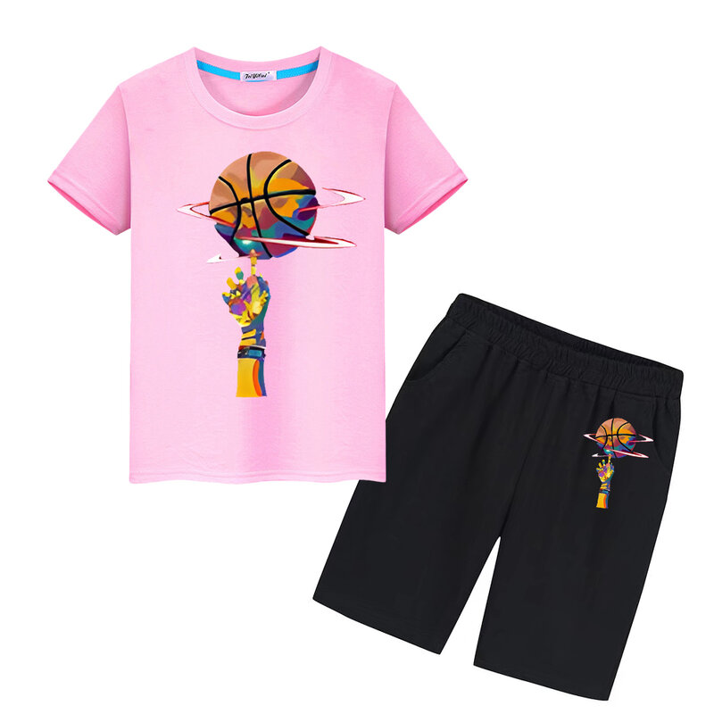 Camiseta con estampado de baloncesto para niño y niña, conjunto deportivo de 100% algodón, camisetas Kawaii, Tops y pantalones cortos, regalo de vacaciones