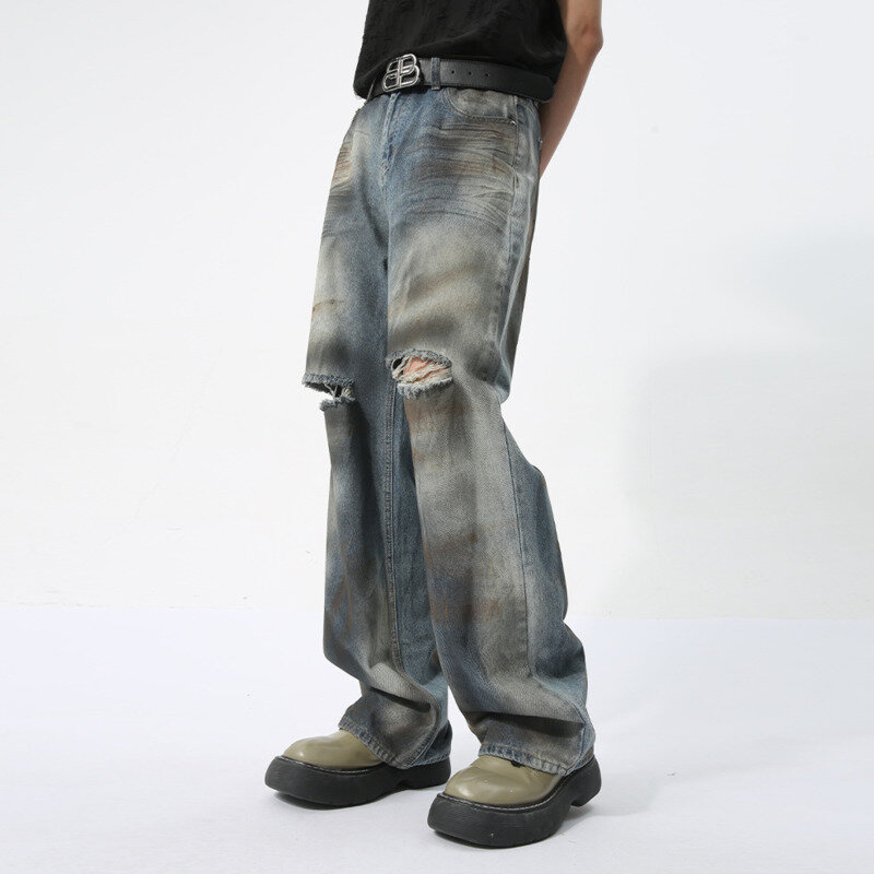 NOYMEI Vintage Style High Street 2024 Summer New Men's Jeans Holes Straight Jean Loose Fashionable Tie-dye Pants Trousers WA4401