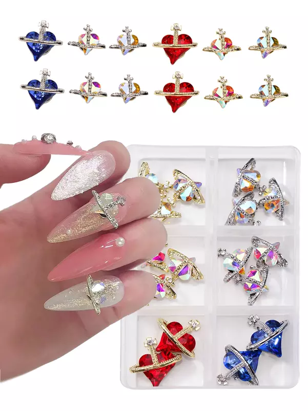 6 griglie Multicolor strass Saturn Cross Nail Charm Gemstone Crystal Sparkle accessorio per la decorazione di Nail Art di lusso