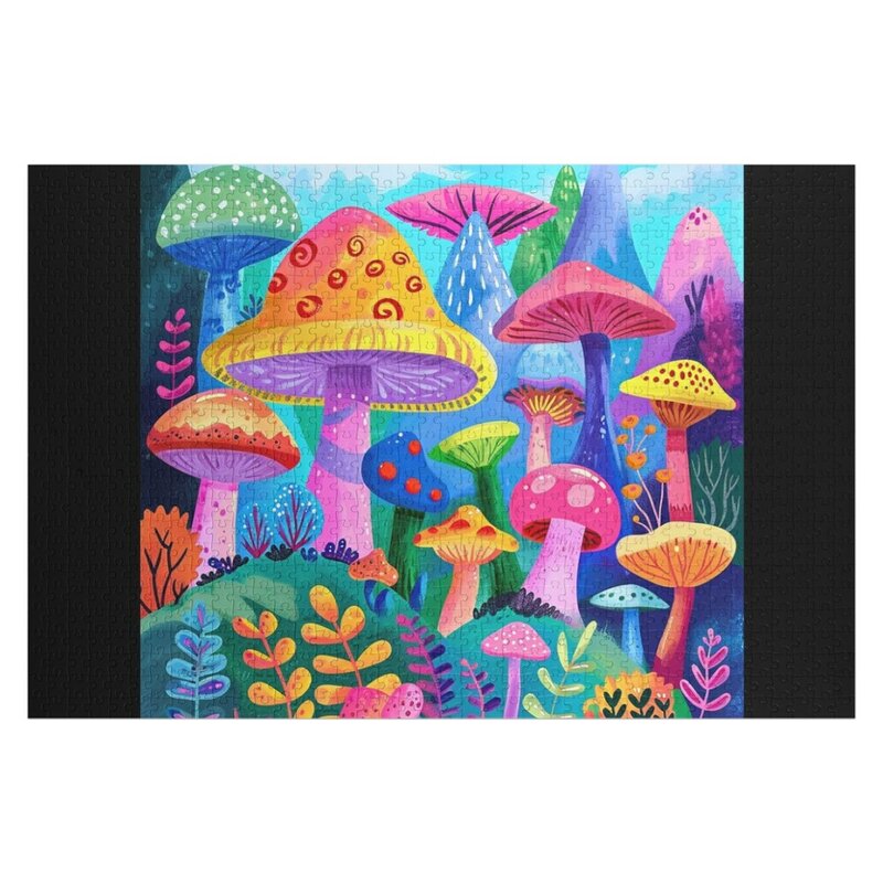 Cogumelos De Madeira Personalizados Jigsaw Puzzle, 2 cores, desenhos animados coloridos, nome personalizado