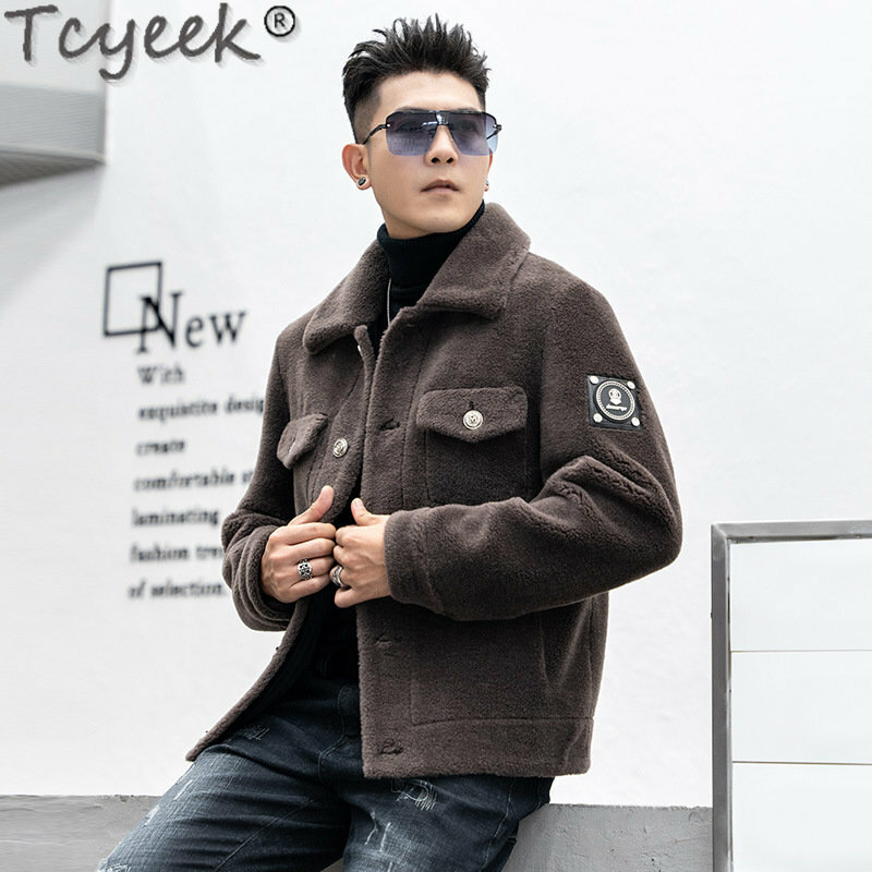 Tcyeek Streetwear Sheep Shearling Fur Jacket Men Fashion Grain Wool Jackets Man Clothing Winter Warm Real Fur Coat Ropa Hombre