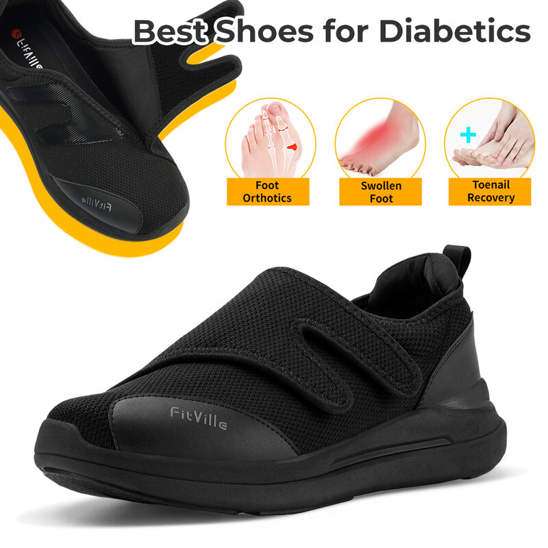 FitVille sepatu diabetes sepatu kasual pria, sepatu jalan ekstra lebar untuk kaki bengkak ortopedi dapat disesuaikan dengan bantalan dukungan lengkungan