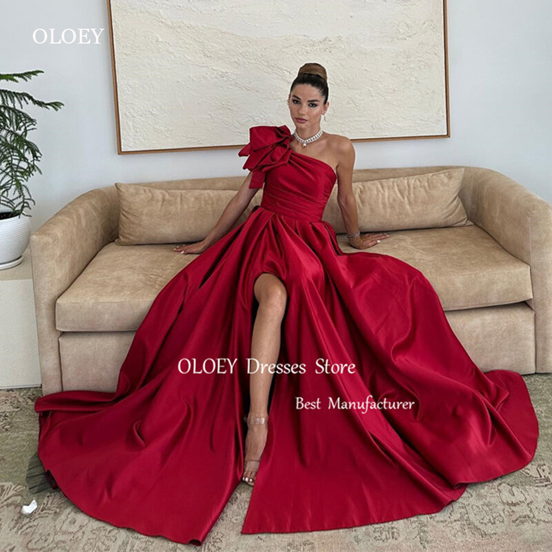Oloey Red Satin Abendkleider lange eine Schulter Bogen Split Ballkleider formelle Party Anlass Kleid 2024 Promi Kleider Vestidos