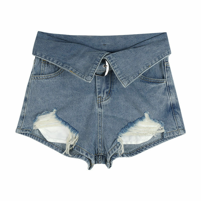 Shorts jeans retrô perfurado feminino, cintura alta primavera, design fino, perna larga, roupa feminina, moda garota picante, 2022