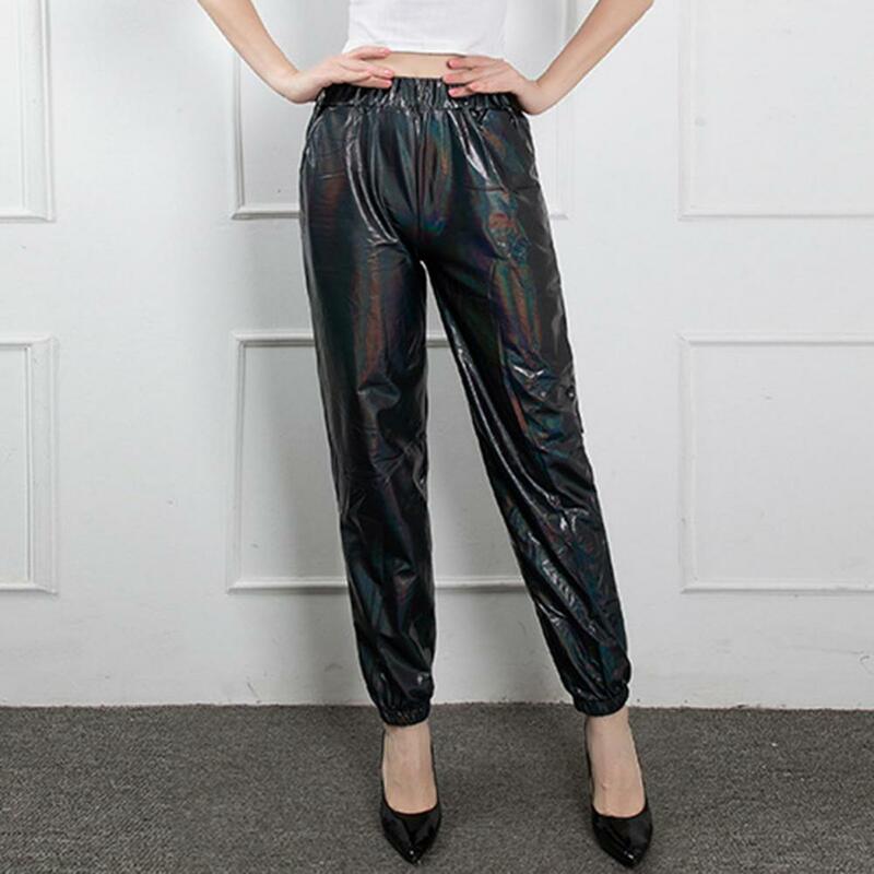 Shiny Laser Pants Women Harem Trousers High Waist Glossy Elastic Waist Ankle-banded Slim Fit Clubwear Stage Performance Trousers